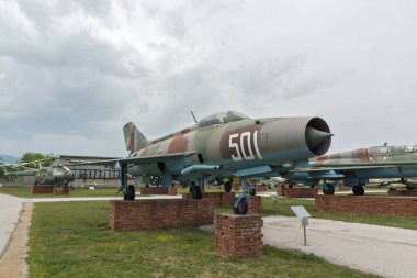 KRUMOVO, PLOVDIV, BULGARIA - 29 APRIL 2017: Fighter Mikoyan-Gurevich MiG-21 in Aviation Museum near Plovdiv Airport clipart