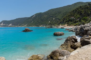 Mavi suları, Lefkada, Ionian Islands Agios Ioannis Beach panoramik