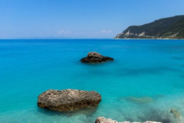 Mavi suları, Lefkada, Ionian Islands Agios Ioannis Beach panoramik