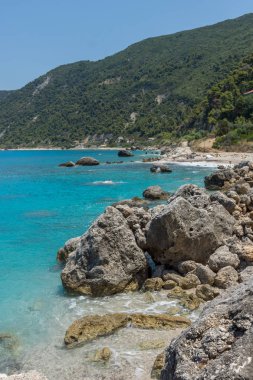 Mavi suları, Lefkada, Ionian Islands Agios Ioannis Beach panoramik