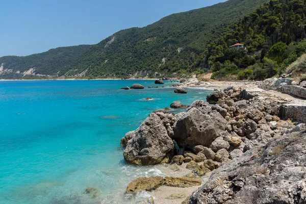 Mavi suları, Lefkada, Ionian Islands Agios Ioannis Beach panoramik — Stok fotoğraf