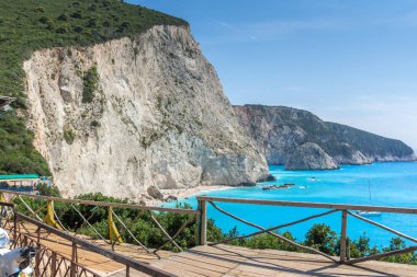 Porto Katsiki Beach, Lefkada, Yunanistan mavi suların muhteşem deniz manzarası