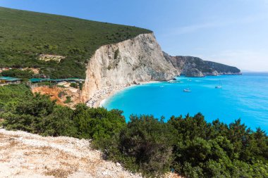 Porto Katsiki Beach, Lefkada, Yunanistan mavi suların muhteşem deniz manzarası