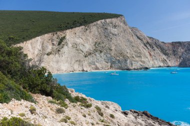 Porto Katsiki Beach, Lefkada, Yunanistan mavi suların muhteşem deniz manzarası