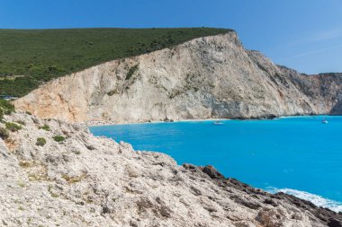Porto Katsiki Beach, Lefkada, Yunanistan mavi suların muhteşem deniz manzarası