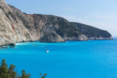Porto Katsiki Beach, Lefkada, Yunanistan mavi suların muhteşem deniz manzarası