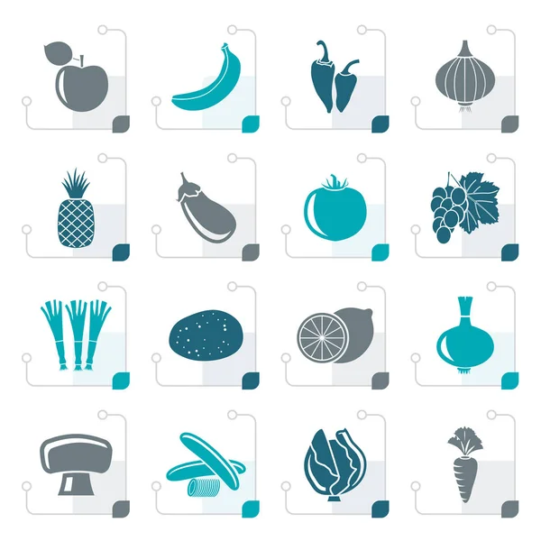 Gestileerde verschillende soorten groenten en fruit pictogrammen — Stockvector
