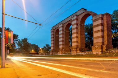 Night photo of Ruins of Roman Aqueduct in city of Plovdiv clipart