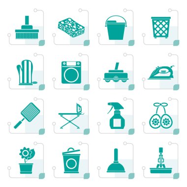 Stilize ev nesneleri ve araçları simgeler