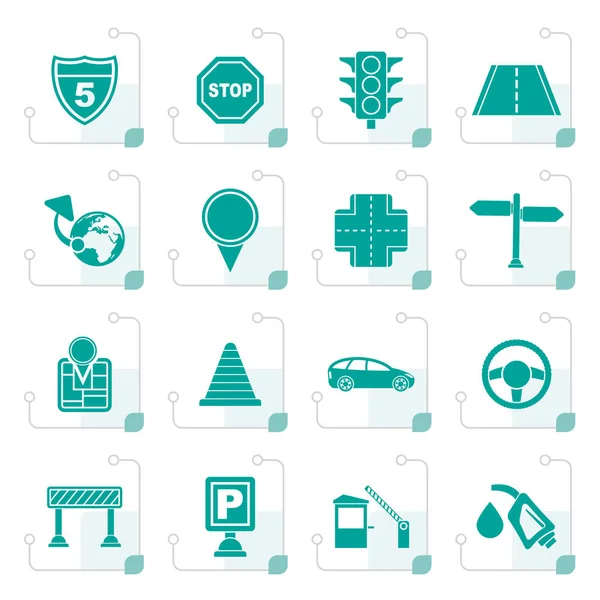 Icone stilizzate di traffico, strada e viaggio — Vettoriale Stock