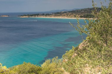 Panoramik Agios Ioannis kumsalda Sithonia Yarımadası, Chalkidiki, orta Makedonya