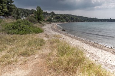 Panoramik Litheri Beach adlı Sithonia Yarımadası, Chalkidiki, orta Makedonya