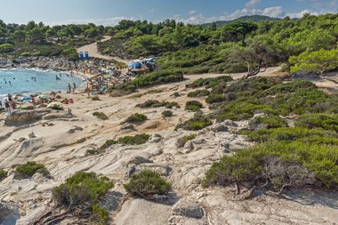 Chalkidiki, orta Makedonya, Yunanistan - 26 Ağustos 2014: Deniz manzarası, Orange Beach Kavourotripes adlı Sithonia Yarımadası, Chalkidiki, orta Makedonya