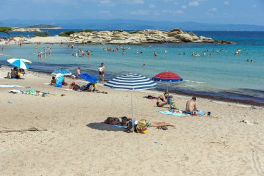 Chalkidiki, orta Makedonya, Yunanistan - 26 Ağustos 2014: Deniz manzarası, Karidi Beach Vourvourou adlı Sithonia Yarımadası, Chalkidiki, orta Makedonya