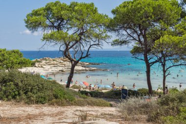 Chalkidiki, orta Makedonya, Yunanistan - 26 Ağustos 2014: Deniz manzarası, Karidi Beach Vourvourou adlı Sithonia Yarımadası, Chalkidiki, orta Makedonya