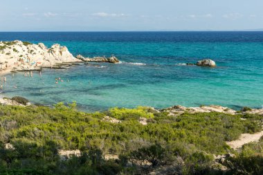 Chalkidiki, orta Makedonya, Yunanistan - 26 Ağustos 2014: Deniz manzarası, Orange Beach Kavourotripes adlı Sithonia Yarımadası, Chalkidiki, orta Makedonya
