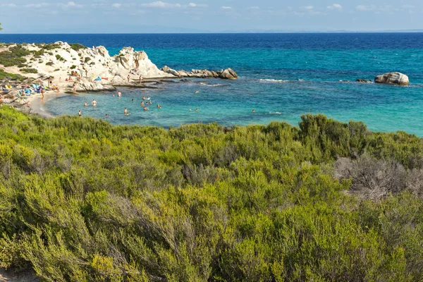 Chalkidiki, orta Makedonya, Yunanistan - 26 Ağustos 2014: Deniz manzarası, Orange Beach Kavourotripes adlı Sithonia Yarımadası, Chalkidiki, orta Makedonya