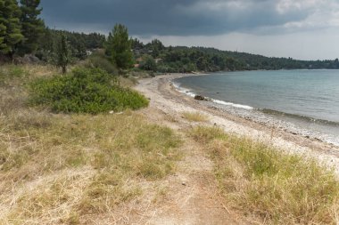 Panoramik Litheri Beach adlı Sithonia Yarımadası, Chalkidiki, orta Makedonya
