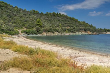 Panoramik Vathi Beach adlı Sithonia Yarımadası, Chalkidiki, orta Makedonya