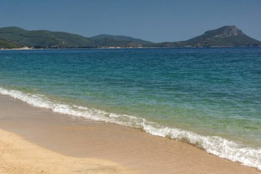 Panoramik Tristinika Beach adlı Sithonia Yarımadası, Chalkidiki, orta Makedonya