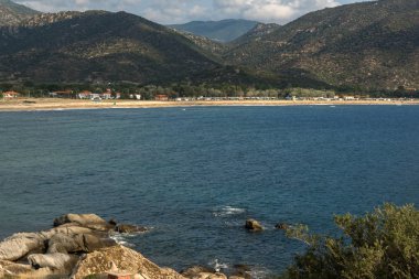 Panoramik Sykia Beach adlı Sithonia Yarımadası, Chalkidiki, orta Makedonya
