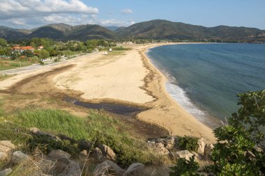 Panoramik Sykia Beach adlı Sithonia Yarımadası, Chalkidiki, orta Makedonya