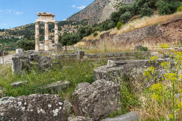 Increíble vista de las ruinas y el santuario de Atenea Pronaia en el sitio arqueológico griego antiguo de Delphi , — Foto de Stock