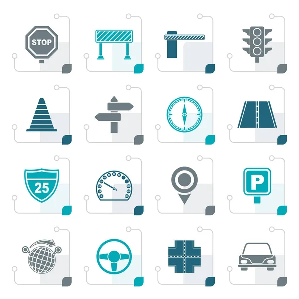 Estrada estilizada e ícones de tráfego —  Vetores de Stock