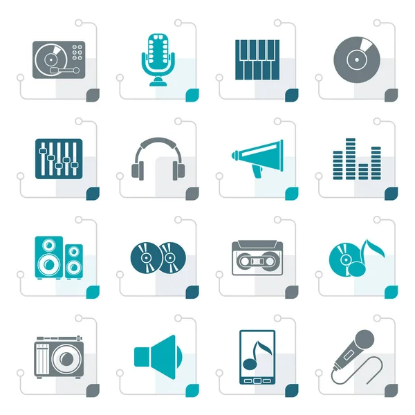 Ícones de música e equipamentos de áudio estilizados — Vetor de Stock