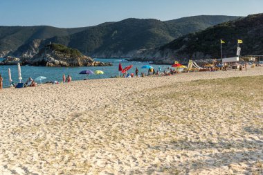 Chalkidiki, orta Makedonya, Yunanistan - 25 Ağustos 2014: Deniz manzarası Kalamitsi beach adlı Sithonia Yarımadası, Chalkidiki, orta Makedonya