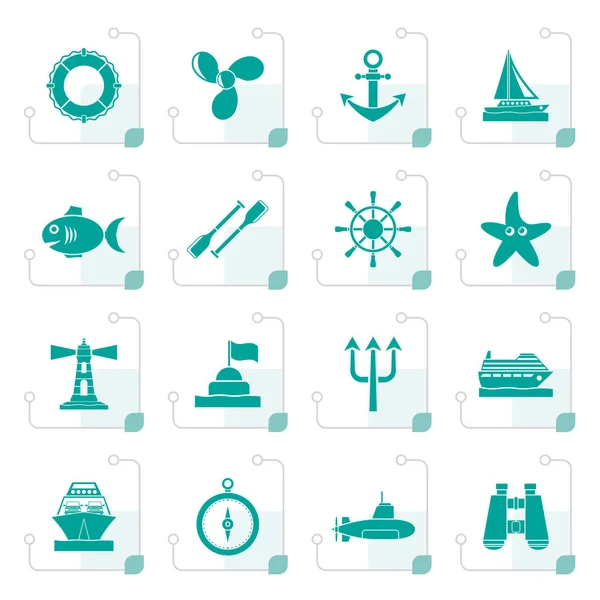 Iconos marinos y marinos estilizados — Vector de stock