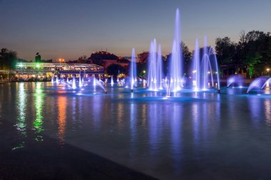 Plovdiv, Bulgaristan - 3 Eylül 2016: Gece panorama şarkı çeşmeler şehir Plovdiv