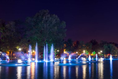 Plovdiv, Bulgaristan - 3 Eylül 2016: Gece panorama şarkı çeşmeler şehir Plovdiv