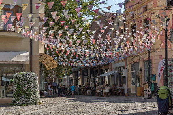 PLOVDIV, BULGARIA - SEPTEMBER 1, 2017:  Street in district Kapana, city of Plovdiv