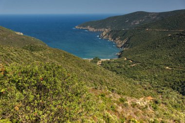 Panoramik Mamba Beach adlı Sithonia Yarımadası, Chalkidiki, orta Makedonya