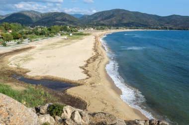 Panoramik Sykia Beach adlı Sithonia Yarımadası, Chalkidiki, orta Makedonya