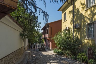 Plovdiv, Bulgaristan - 1 Eylül 2017: Plovdiv eski şehirde evlerin görünümü şaşırtıcı