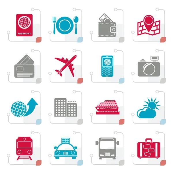Stylizované ikony cestování, doprava a ubytování — Stockový vektor