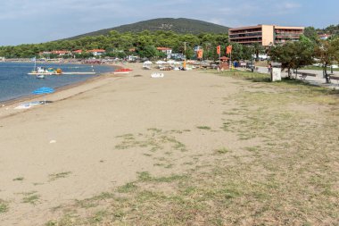 Chalkidiki, orta Makedonya, Yunanistan - 25 Ağustos 2014: Deniz manzarası, Psakoudia Beach adlı Sithonia Yarımadası, Chalkidiki, orta Makedonya