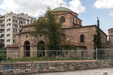 Thessaloniki, Yunanistan - 30 Eylül 2017: Antik Bizans Ortodoks Ayasofya Sophia Katedrali Thessaloniki, Yunanistan'ın şehir merkezinde