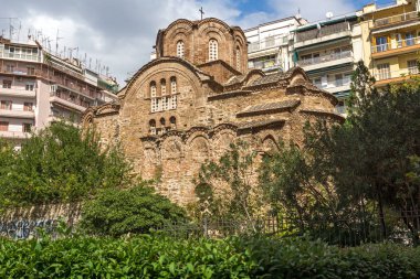 Thessaloniki, Yunanistan - 30 Eylül 2017: Antik Bizans Ortodoks Kilisesi, St. Panteleimon Thessaloniki, Yunanistan'ın şehir merkezinde