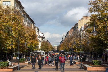 Sofia, Bulgaristan-12 Kasım 2017: Boulevard Vitosha yılında Sofya şehrin insanlar yürürken