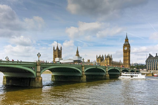 LONDON, ENGLAND - JUNE 19 2016: Cityscape of Westminster Palace, Big Ben and Thames River, London, England, United Kingdom