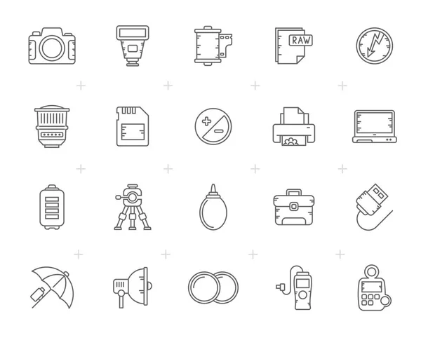 Linea Apparecchiature Fotografiche Icone Fotografiche Vector Icon Set — Vettoriale Stock