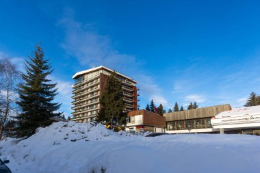 Pamporovo, Bulgaristan - 20 Ocak 2013: Kayak Merkezi Rodop Dağları, bölge Smolyan, Bulgaristan Pamporovo, kış görünümü