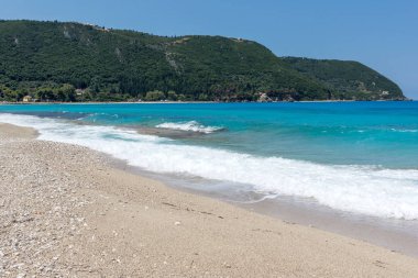 Girapetra Beach mavi suları, Lefkada, Ionian Islands, Yunanistan ile panoramik