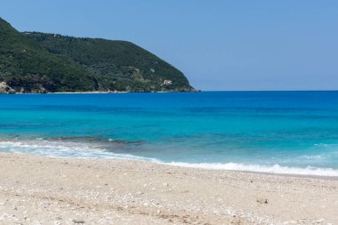 Girapetra Beach mavi suları, Lefkada, Ionian Islands, Yunanistan ile panoramik