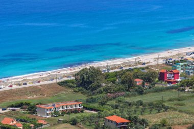Agios Ioanis Beach mavi suları, Lefkada, Ionian Islands, Yunanistan ile panoramik görünüm