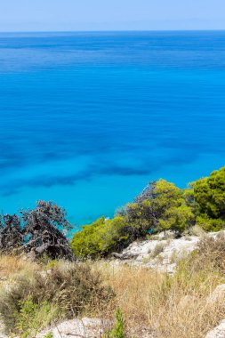 Panoramik manzaralı mavi suları, Lefkada, Ionian Islands, Yunanistan Kokkinos Vrachos Beach