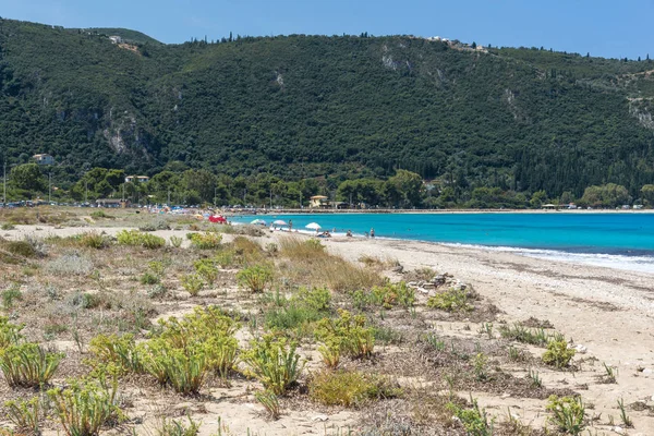 Girapetra Beach Mavi Suları Lefkada Ionian Islands Yunanistan Ile Panoramik — Stok fotoğraf